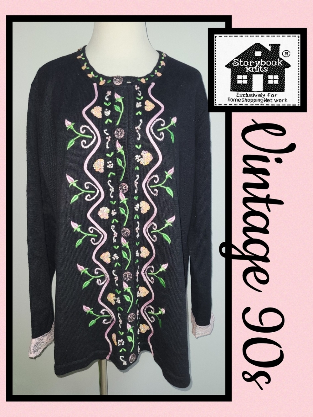 Storybook Knits Embroidered Hearts Flowers Long Sweater Cardigan L XL VTG 90s